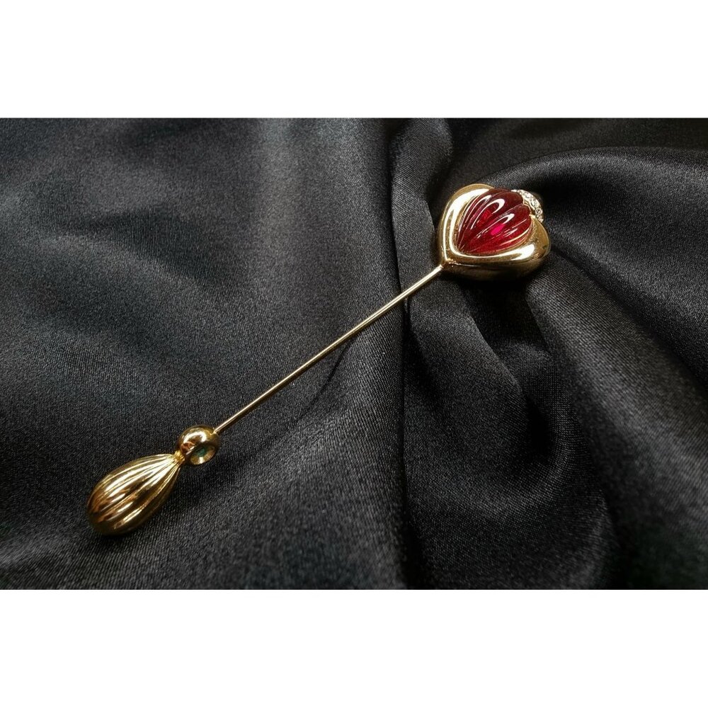 Rare Find Vintage JESARA Signed Gold-Tone Stick Pin With Red Heart & Green